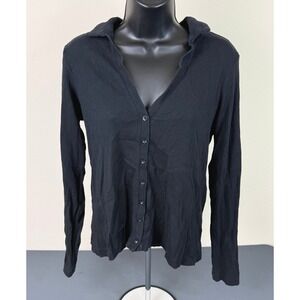 Treasure Bond Women's Ribbed Button Front Knit Collared Top Black Size Large